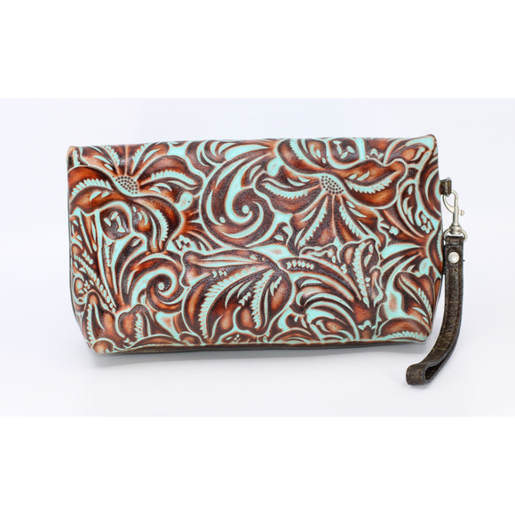 A6 Auth PATRICIA NASH Valerie Turquoise Tooled Leather Fold Over Wristlet Clutch - Picture 2 of 4